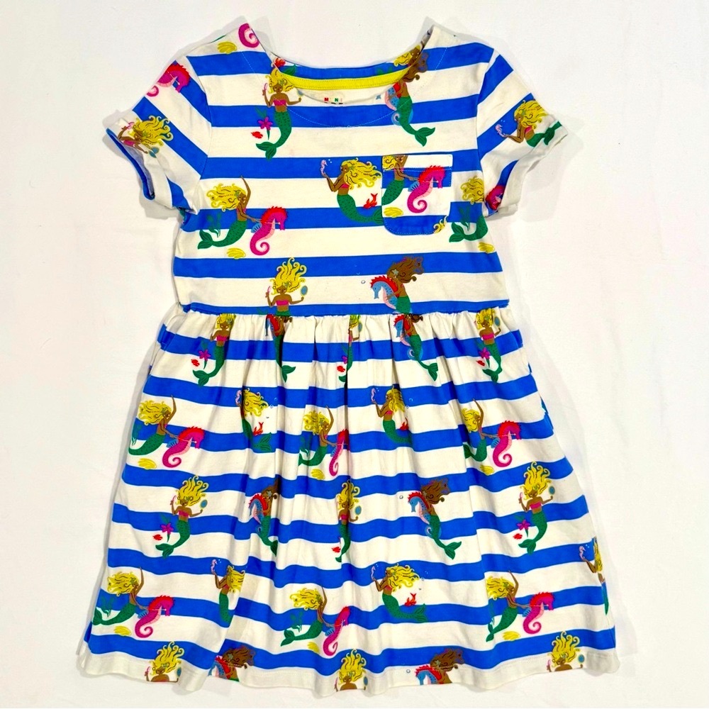 Mini Boden Fun Jersey Dress Girls 8-9 Y Short Sleeved Surf Blue Mermaids Stripe
